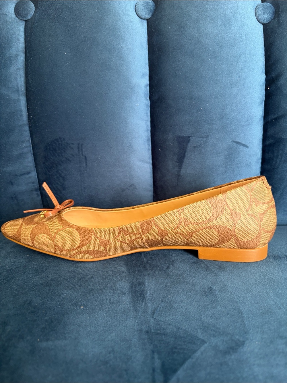 Coach Brown Signature Pointed-Toe Flats with Bow & Gold Charm - Picture 3 of 4